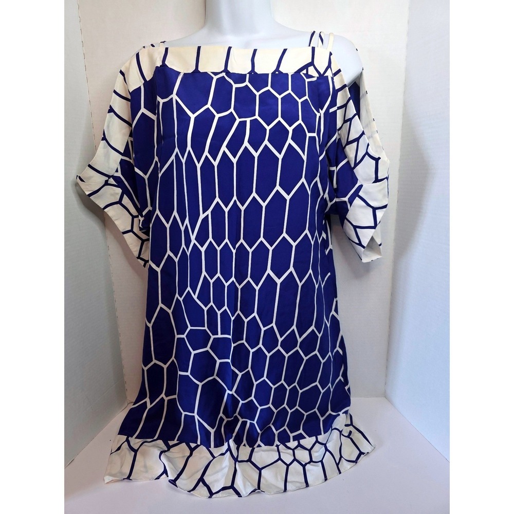 Alice Trixie Blue White Silk Geometric Print Cold Shoulder Dress XS Made‎ in NYC